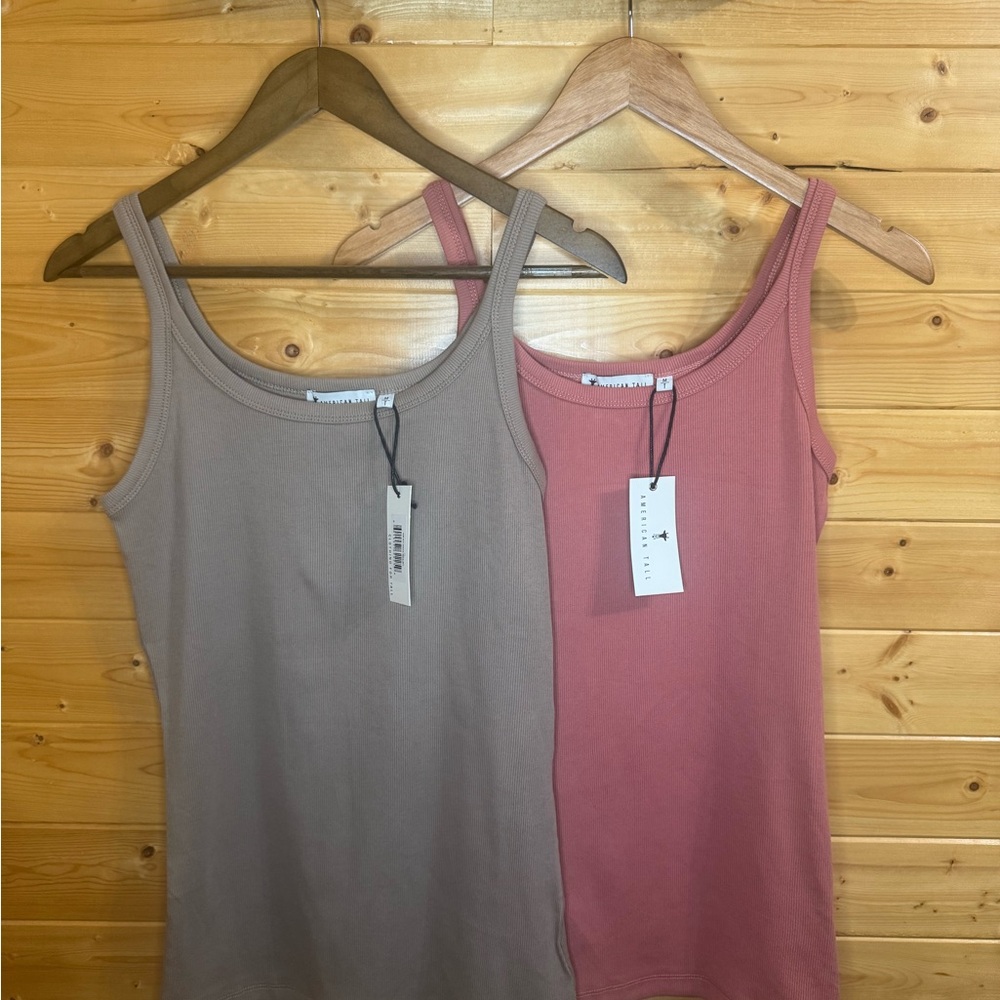 Lot of 2 Tall Ribbed Women's Tank Tops - Rose and Taupe